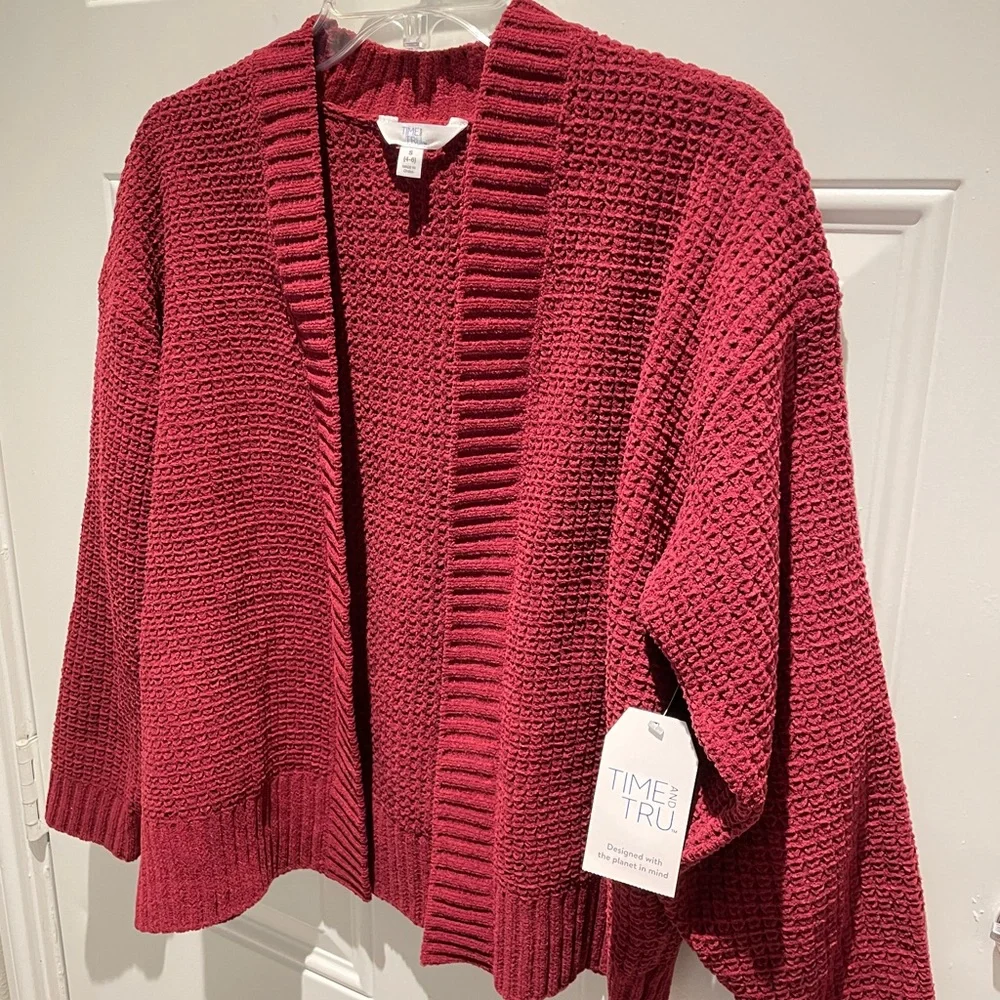 Time and Tru Burgundy Red Soft Chenille Open Front Cardigan Sweater Size Small